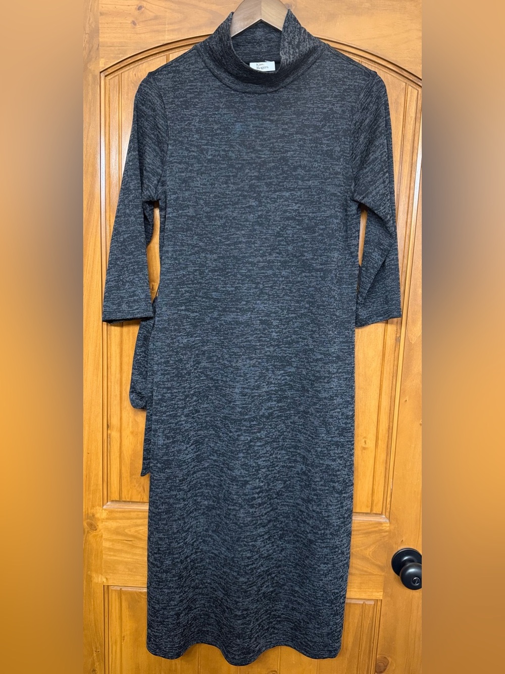 Kim Rogers Black & Gray Heather Turtleneck Midi Sweater Dress with Tie Belt